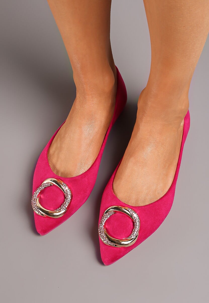 Fuksjowe Balerinki na Płaskiej Podeszwie z Metalową Aplikacją Ozdobioną Cyrkonami Frapapia