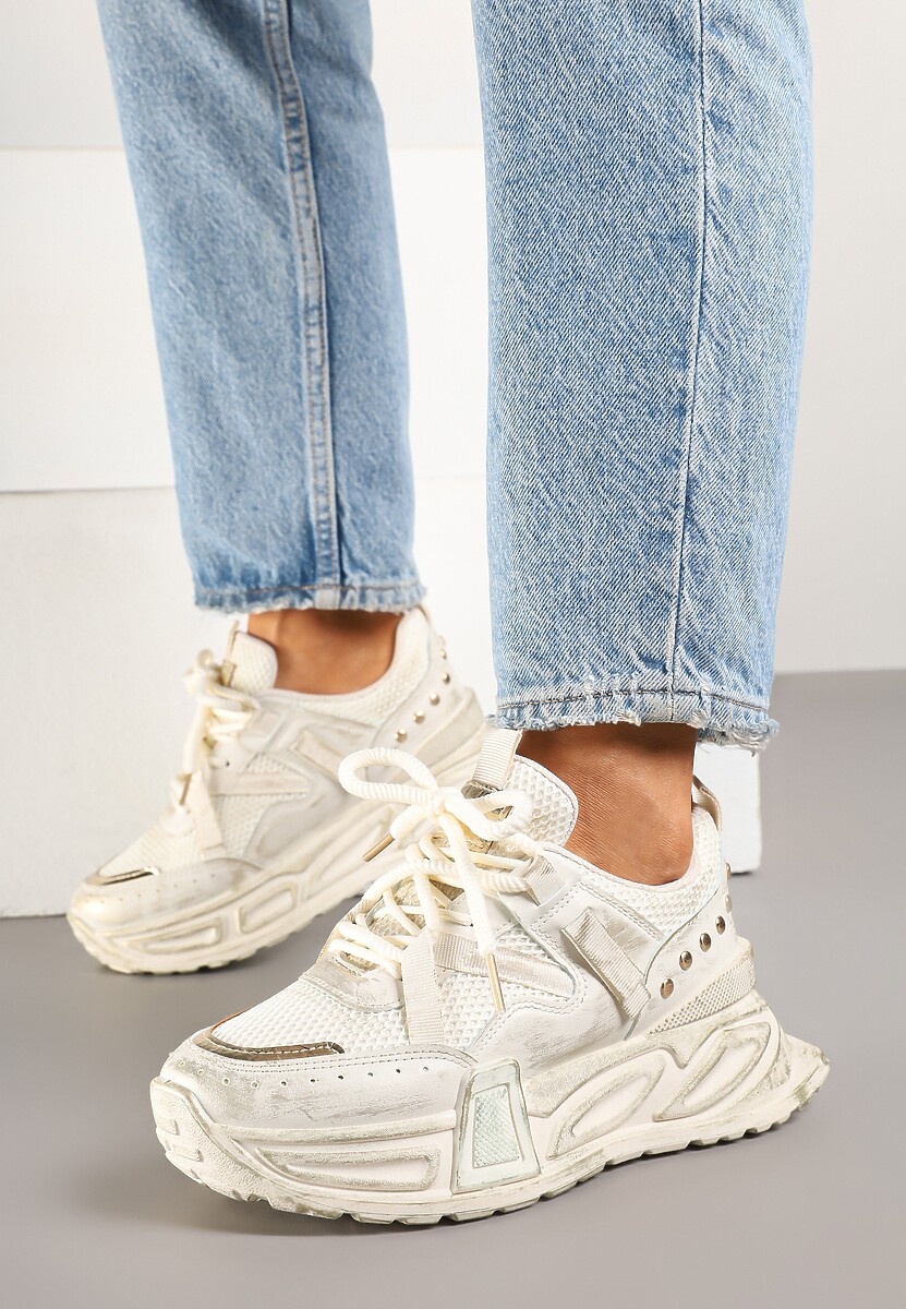 Beżowe Sneakersy na Tłoczonej Platformie z Metalicznymi Wstawkami Eradira