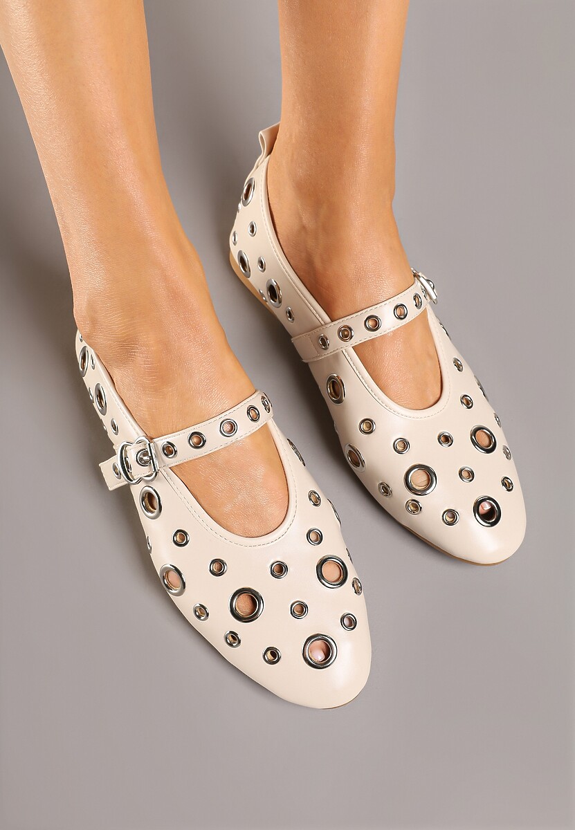 Beżowe Balerinki Ozdobione Paskiem i Metalicznymi Aplikacjami Erathira