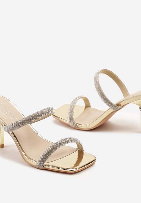 Złote Wsuwane Klapki na Cienkiej Szpilce z Ozdobnymi Cyrkoniami Quesinia