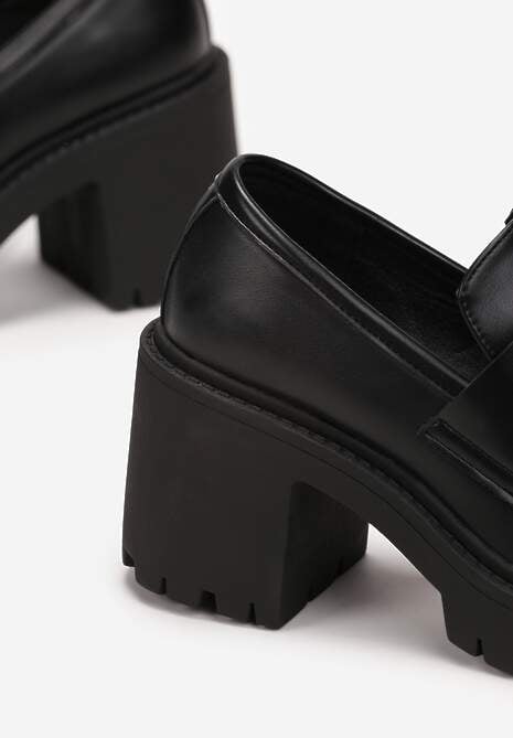 Czarne Mokasyny na Słupkowym Obcasie z Ozdobnymi Przeszyciami Montella
