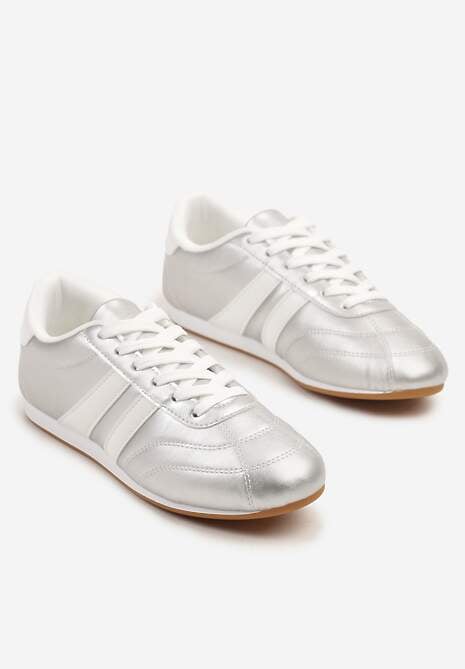 Srebrno-Białe Sneakersy Typu Tenisówki z Paseczkami Liantina