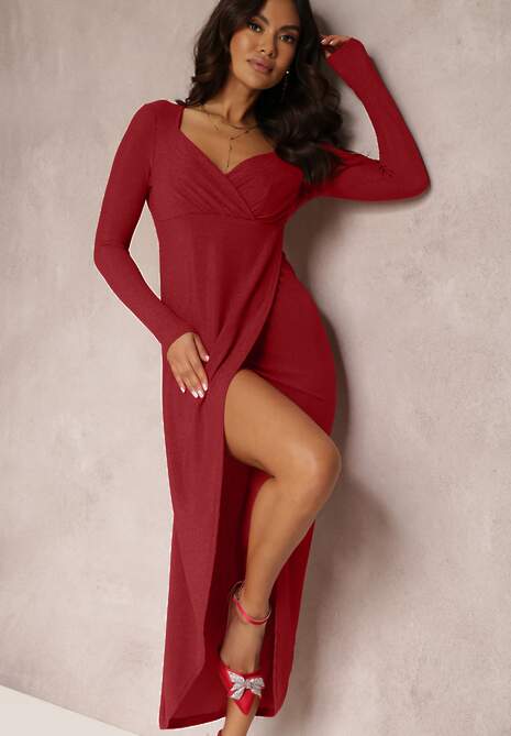 Czerwona Sukienka Kopertowa Dopasowana Anelile