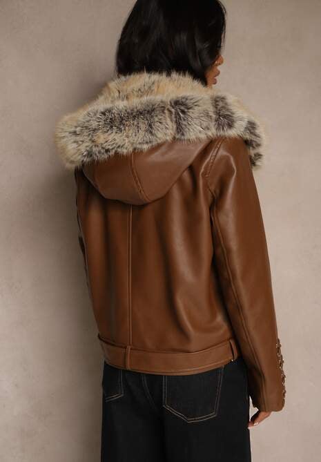 Brązowa Kurtka Ramoneska z Kapturem z Futrem z Możliwością Odpięcia Aplinna