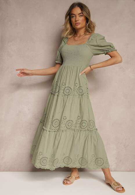 Zielona Sukienka z Bawełny Ozdobiona Haftem Iffirina