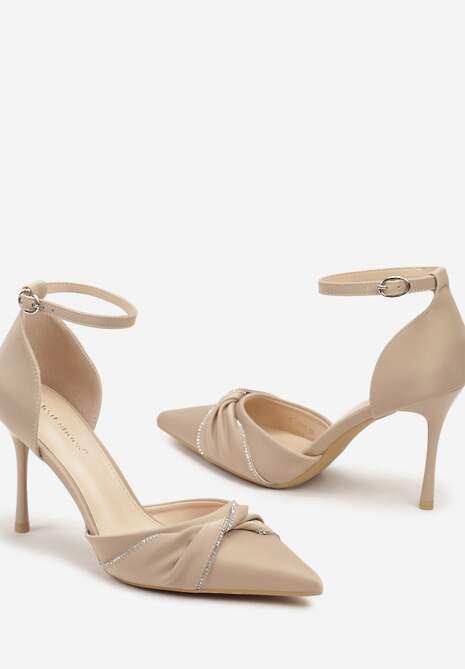 Ciemnobeżowe Szpilki ze Szpiczastym Noskiem Zdobionym Marszczeniem Zapinane na Klamerkę Zivinita