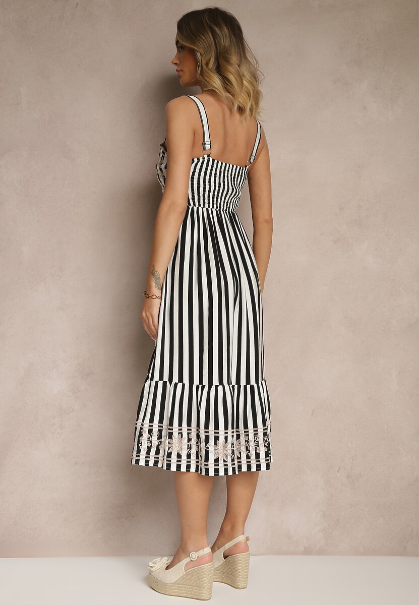 Czarno-Biała Bawełniana Sukienka z Ozdobnym Haftem Redemae