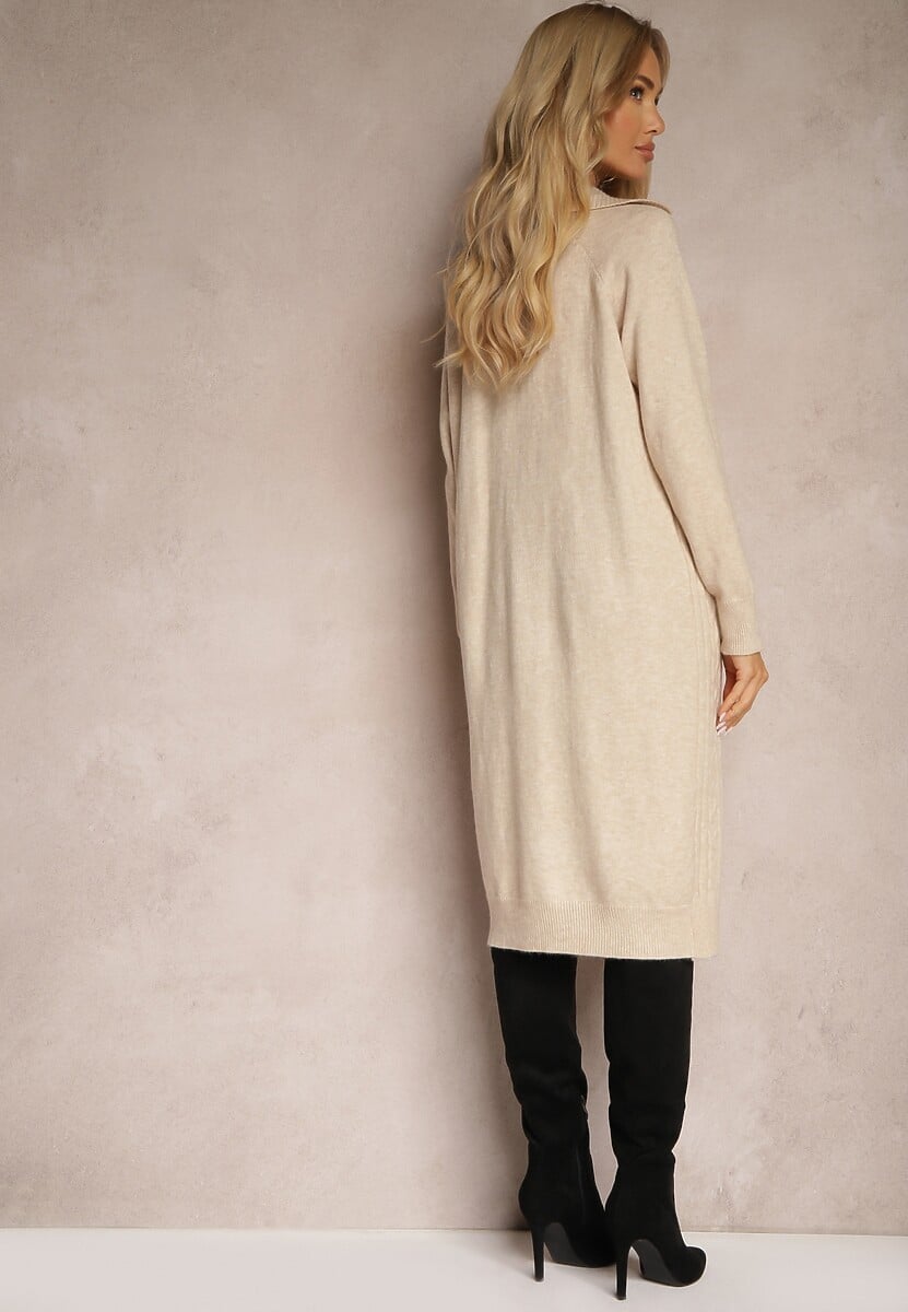 Jasnobeżowa Sukienka z Wełną i Bawełną Ozdobiona Suwakiem i Kołnierzykiem Leralina