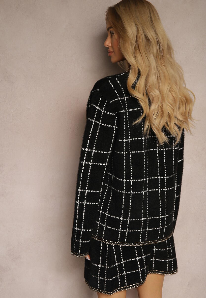 Czarno-Biały Dzianinowy Elegancki Komplet z Kardiganem i Spódnicą w Kratkę Railey