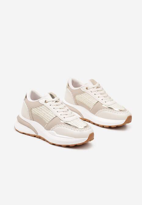 Beżowe Sneakersy na Platformie ze Wstawkami z Plecionki Ninatia