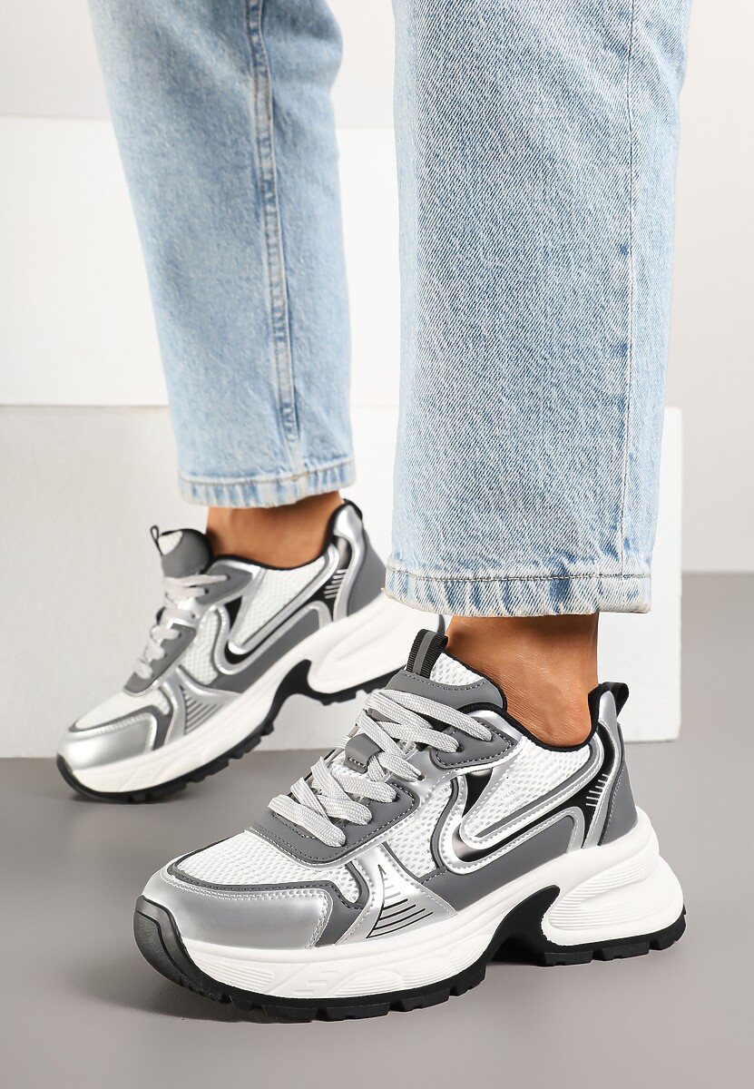 Biało-Srebrne Sneakersy na Profilowanej Podeszwie z Siateczkowymi Wstawkami Parinella