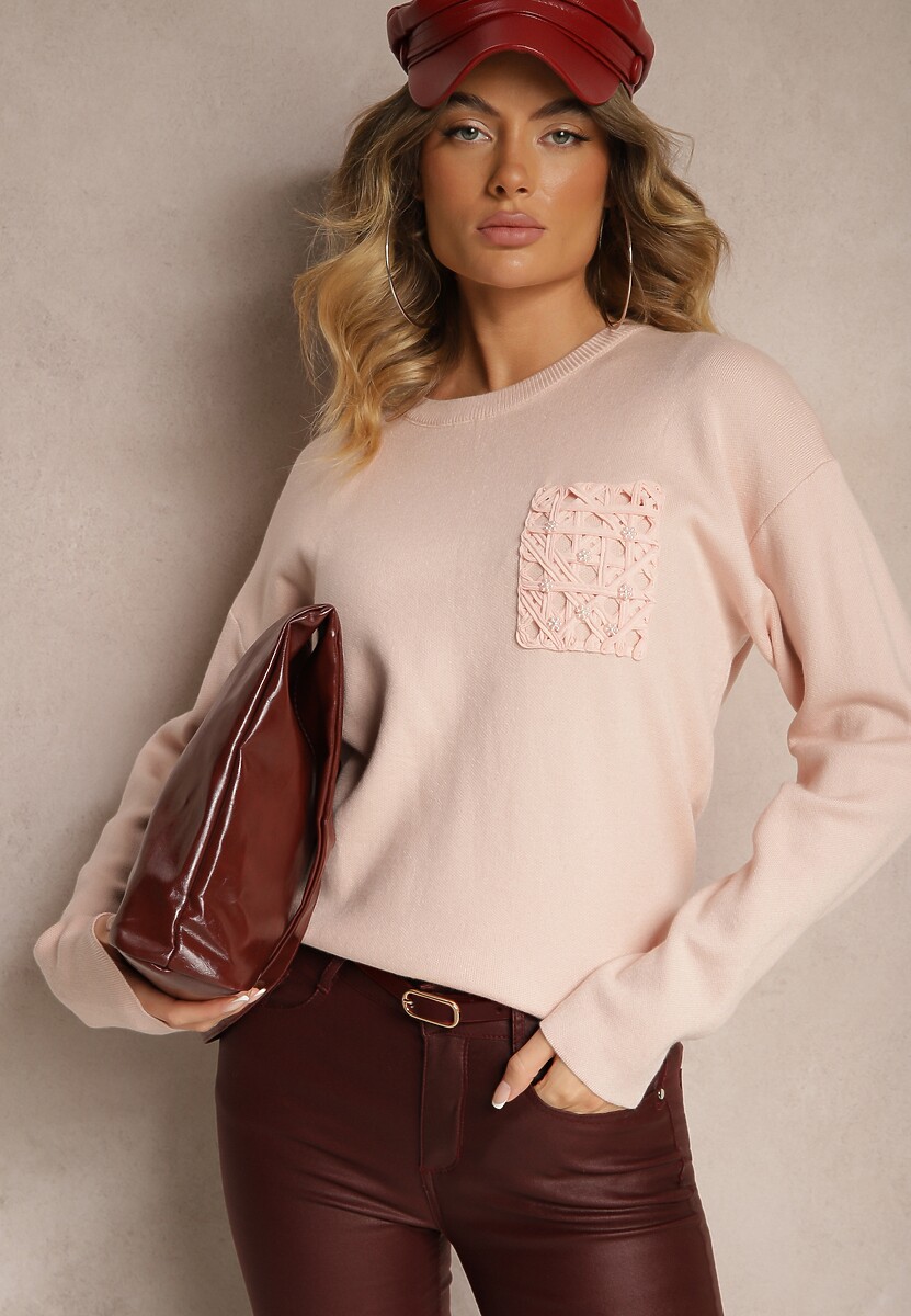 Jasnoróżowy Pudełkowy Sweter Zdobiony Wzorzystą Kieszonką Zeanila