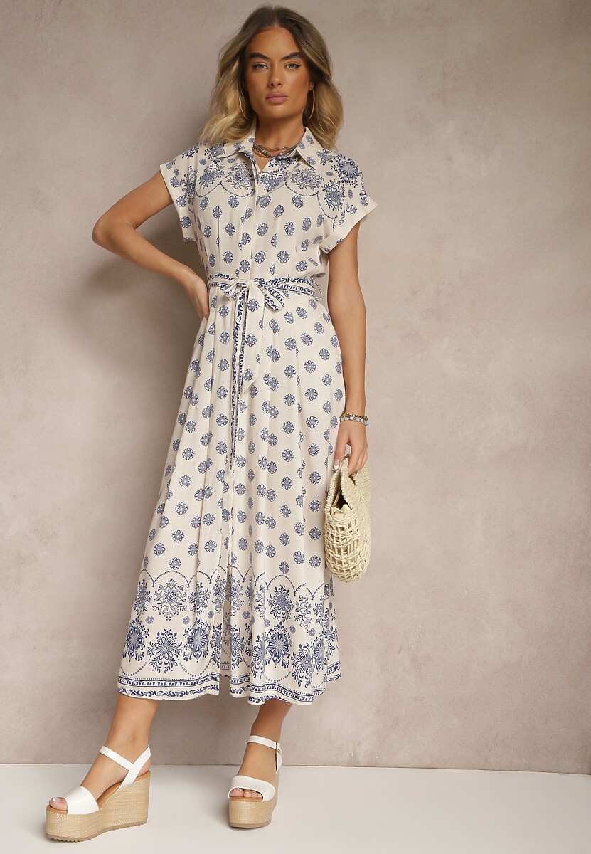 Beżowo-Niebieska Wiskozowa Sukienka w Kwiaty o Koszulowym Kroju z Wiązanym Paskiem Iffiana
