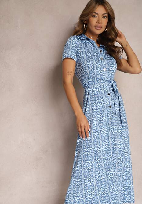 Niebieska Rozkloszowana Sukienka o Koszulowym Kroju z Guzikami i Materiałowym Paskiem w Talii Lranea