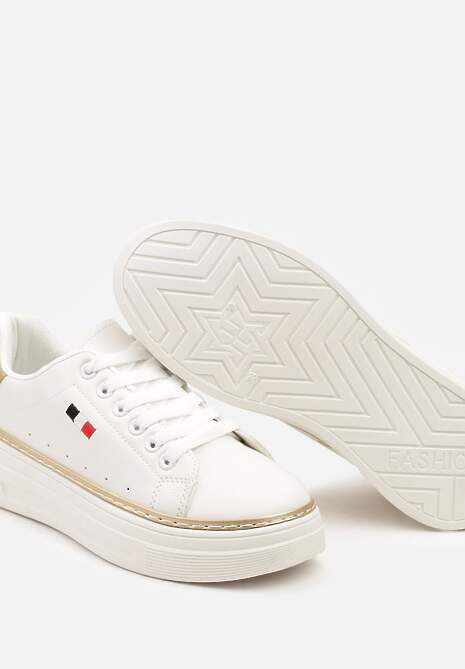 Biało-Beżowe Sznurowane Sneakersy na Płaskiej Podeszwie z Lamówką Fedat