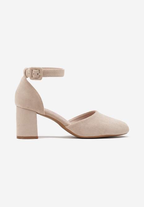 Beżowe Czółenka na Słupku ze Skórzaną Wkładką Ozdobione Paskiem przy Kostce Clarissara