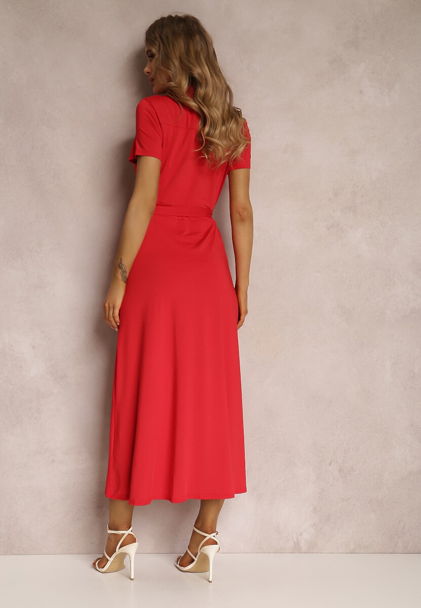 Czerwona Sukienka Koszulowa z Wiązanym Paskiem Asheila