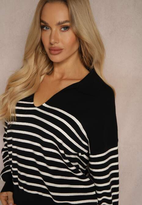 Czarny Sweter w Paski Ozdobiony Kołnierzykiem i Wycięciem Irinalies