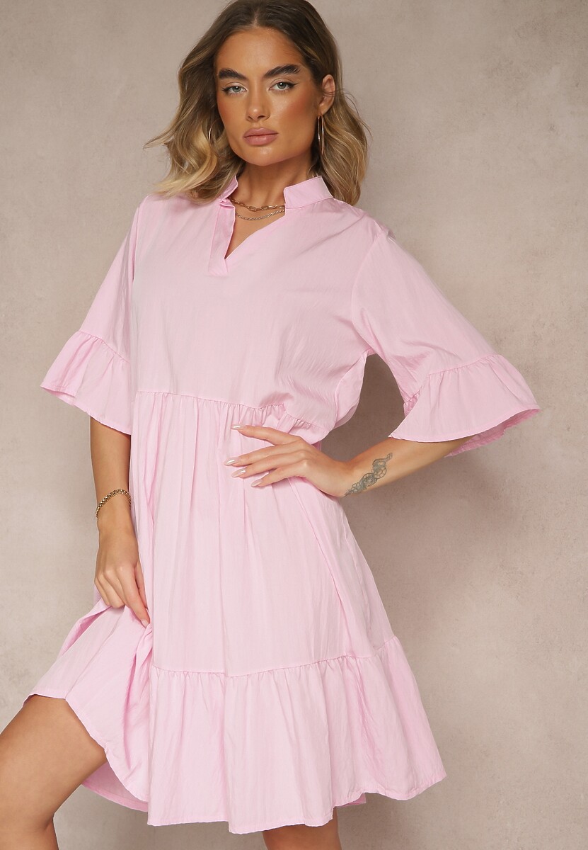 Różowa Rozkloszowana Sukienka z Wiskozą i Falbanami Eviranna