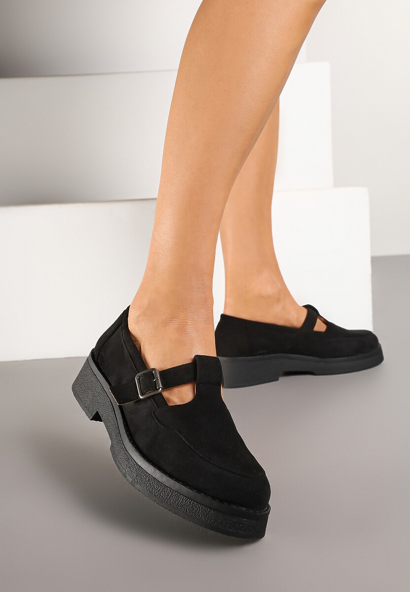 Czarne Mokasyny na Płaskiej Podeszwie Wykończone Paskiem ze Sprzączką Rexinda