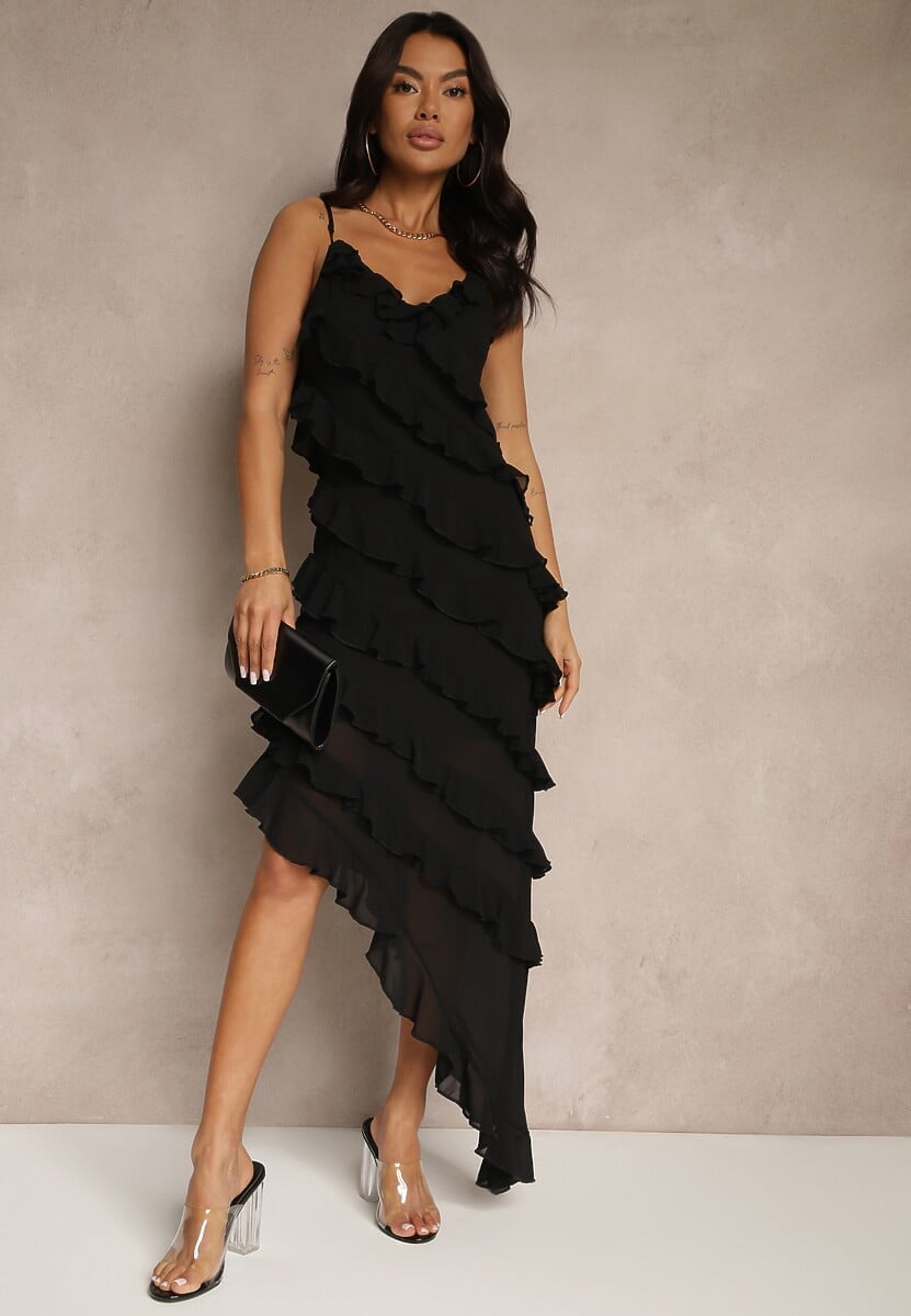 Żółta Sukienka z Falbankami o Asymetrycznym Kroju Linessiela