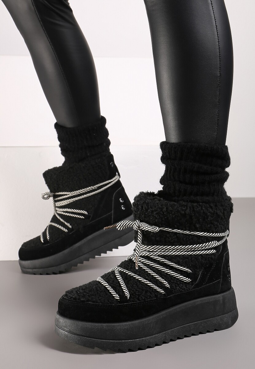 Czarne Niezapinane Śniegowce na Niskiej Platformie z Futerkiem i Sznurowaniem Avalisande