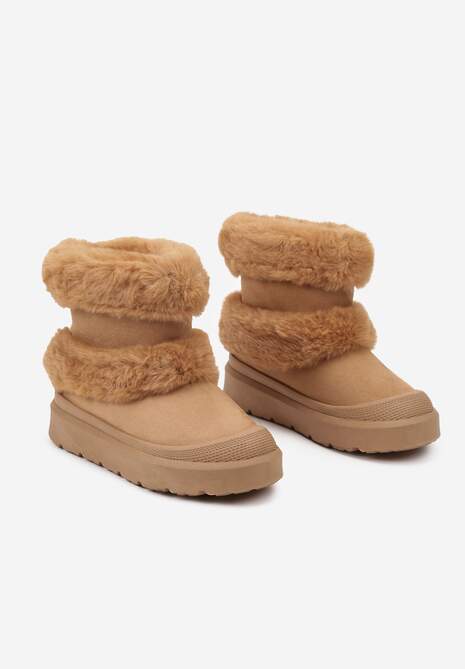 Brązowe Futerkowe Botki Śniegowce na Płaskiej Podeszwie Ivaliona