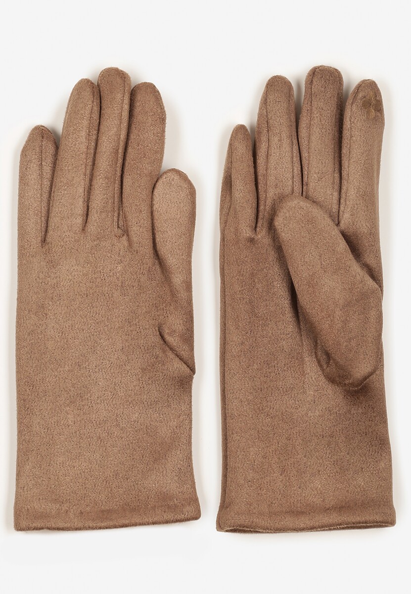 Beżowe Rękawiczki Welurowe z Ozdobną Dzianinową Nakładką Seliti