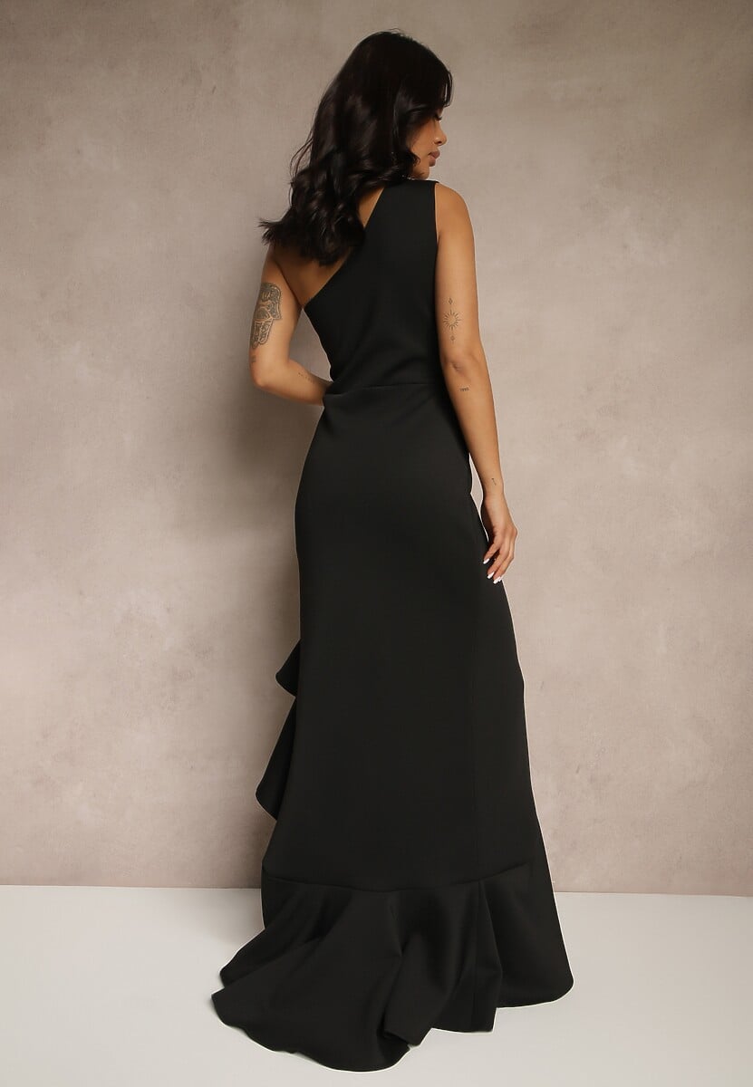 Czarna Sukienka na Ramię Ozdobiona Falbaną Lunivaria