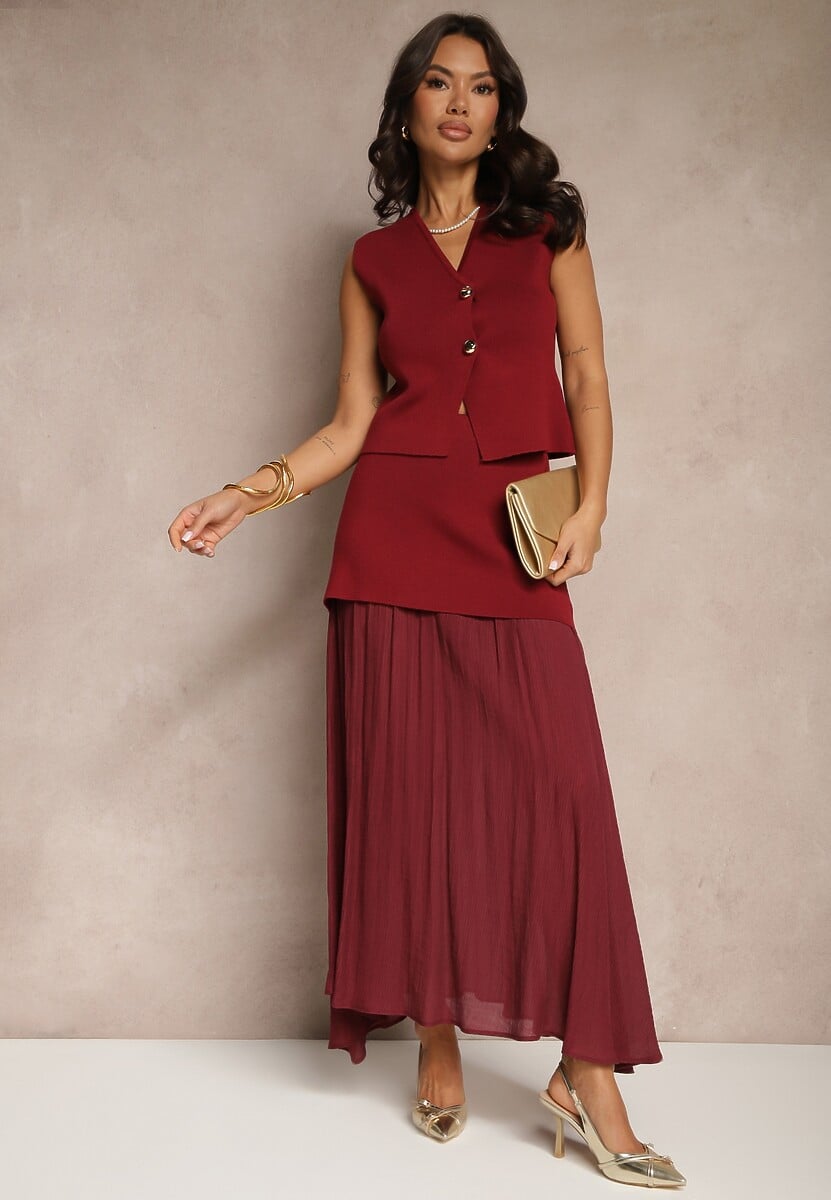 Bordowy Komplet z Wiskozą Spódnica o Rozkloszowanym Kroju i Kamizelka Ozdobiona Guzikami Felilya