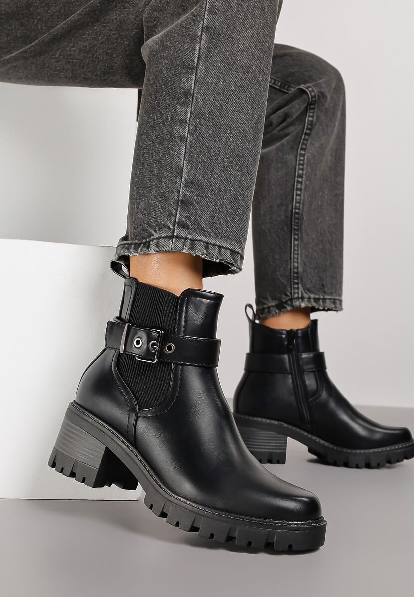 Czarne Botki w Stylu Sztybletów na Niskim Obcasie z Paskiem ze Sprzączką Lathorie