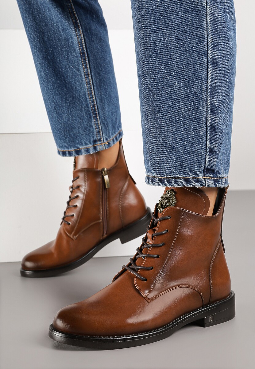 Brązowe Botki z Ekoskóry ze Sznurowaniem i Zdobieniem na Języku Diranda