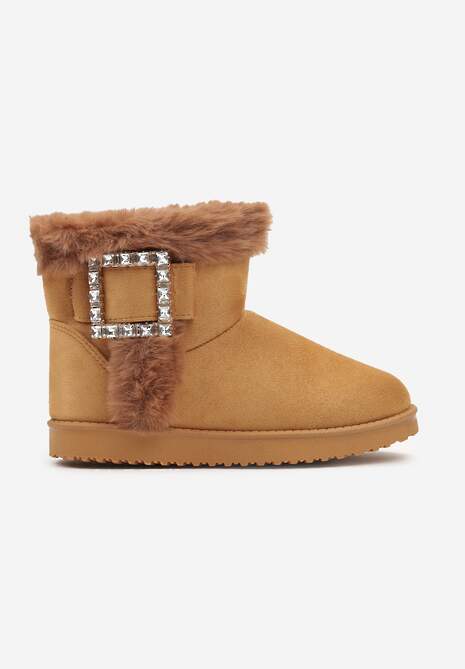 Brązowe Śniegowce  na Płaskiej Podeszwie z Futerkiem i Klamrą z Cyrkoniami Liliara