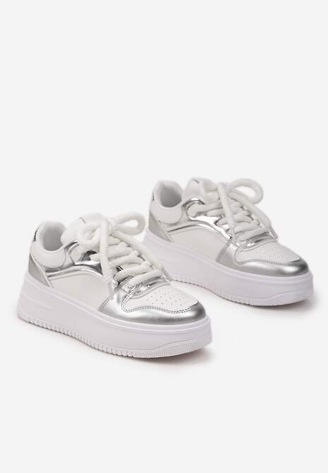 Biało-Srebrne Sneakersy z Cholewką z Licznymi Wstawkami na Grubej Podeszwie Lenarise