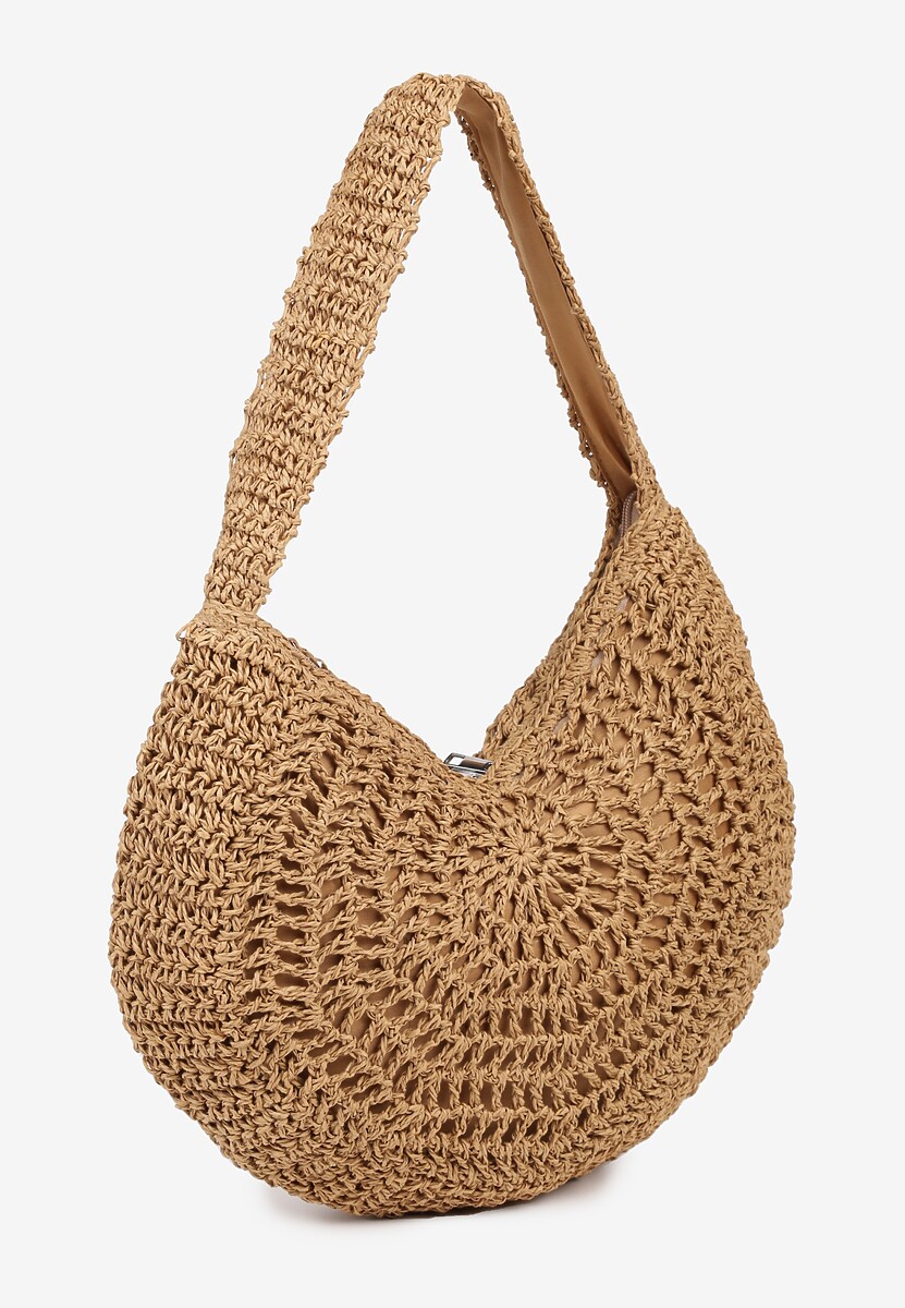 Ciemnobeżowa Pleciona Torebka na Ramię o Półokrągłym Kształcie Genvia