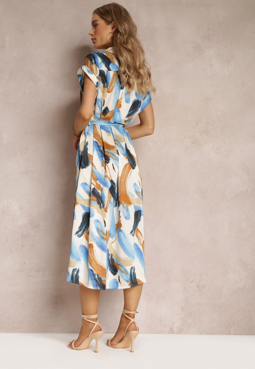 Niebieska Wzorzysta Sukienka Midi z Kołnierzem i Materiałowym Paskiem Jenica
