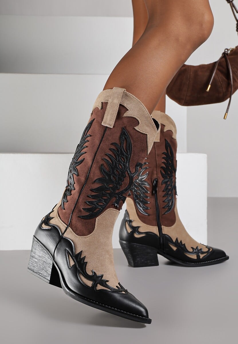 Czarne Botki Kowbojki na Stożku z Tłoczoną Cholewką Badilora