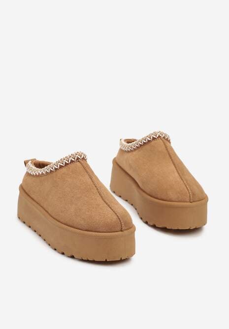 Brązowe Śniegowce na Platformie z Niską Cholewką i Haftowanym Wzorem Zivilae