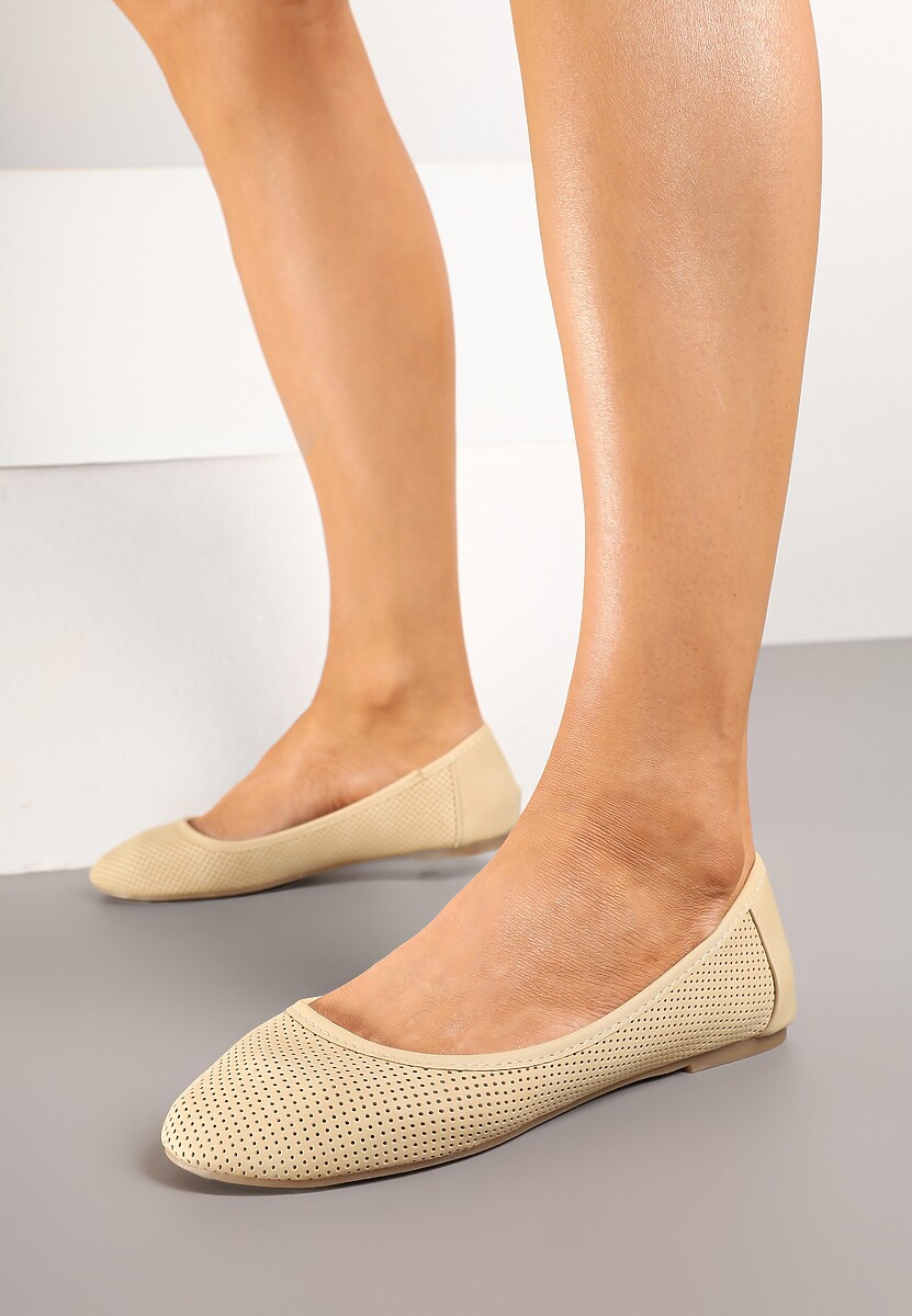 Beżowe Balerinki z Perforacją i Wkładką ze Skóry Naturalnej Nonaviael