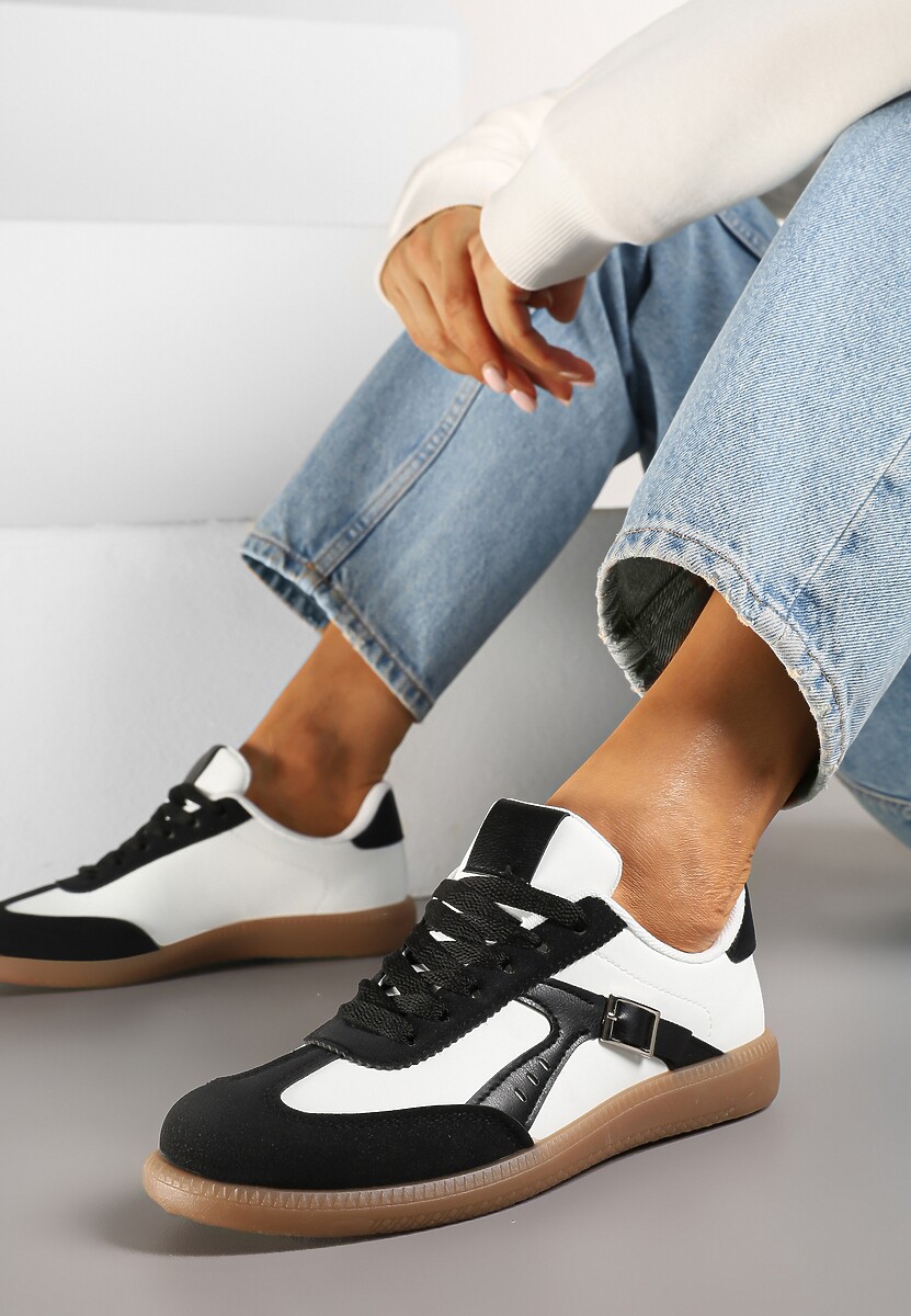 Czarno-Białe Sneakersy Klasyczne Tenisówki Zdobione Klamerką Senaniela