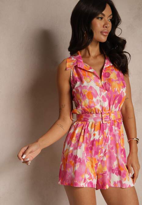 Fuksjowy Koszulowy Kombinezon Bez Rękawów z Wiskozą z Paskiem Tolinassa