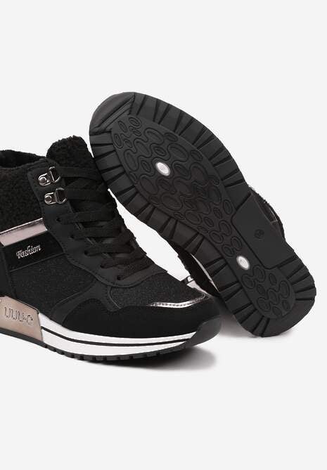 Czarne Sneakersy Zdobione Metaliczną Aplikacją Brokatem i Futrem Saliriel