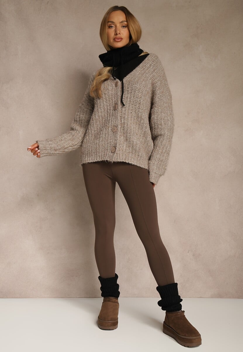 Brązowe Klasyczne Legginsy High Waist z Zapiętkami i Ociepleniem Serafeia