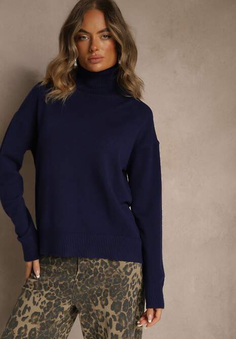 Granatowy Golf z Dodatkiem Kaszmiru z Przeszyciami po Bokach Avenella