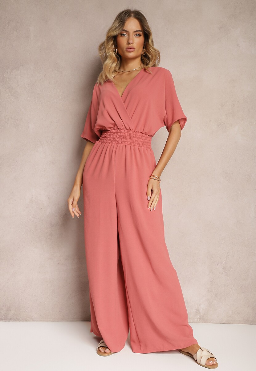 Ciemnoróżowy Taliowany Kombinezon z Zakładkowym Dekoltem i Gumką w Pasie Vimalynna