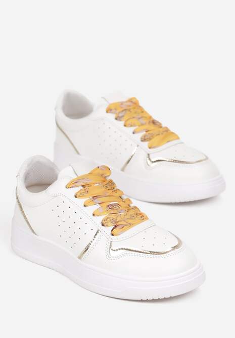 Biało-Złote Sneakersy z Kolorowymi Sznurówkami i Metalicznymi Wstawkami Lania