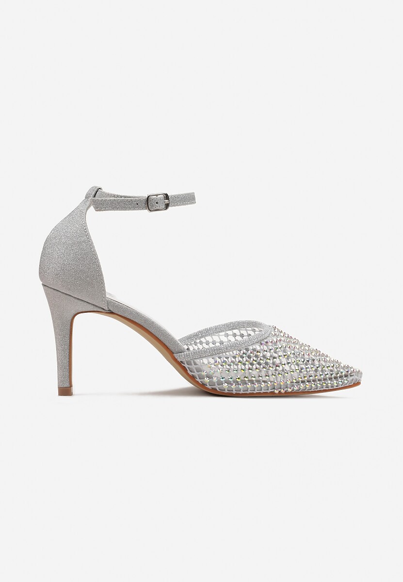 Srebrne Sandały na Szpilce ze Szpiczastym Noskiem z Siateczką w Cyrkonie Lioffa