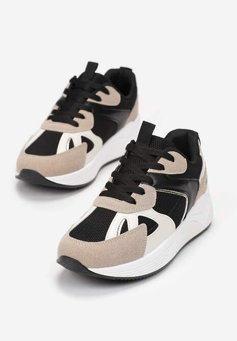 Czarne Sneakersy na Grubej Podeszwie z Ozdobnymi Wstawkami Faidneesi