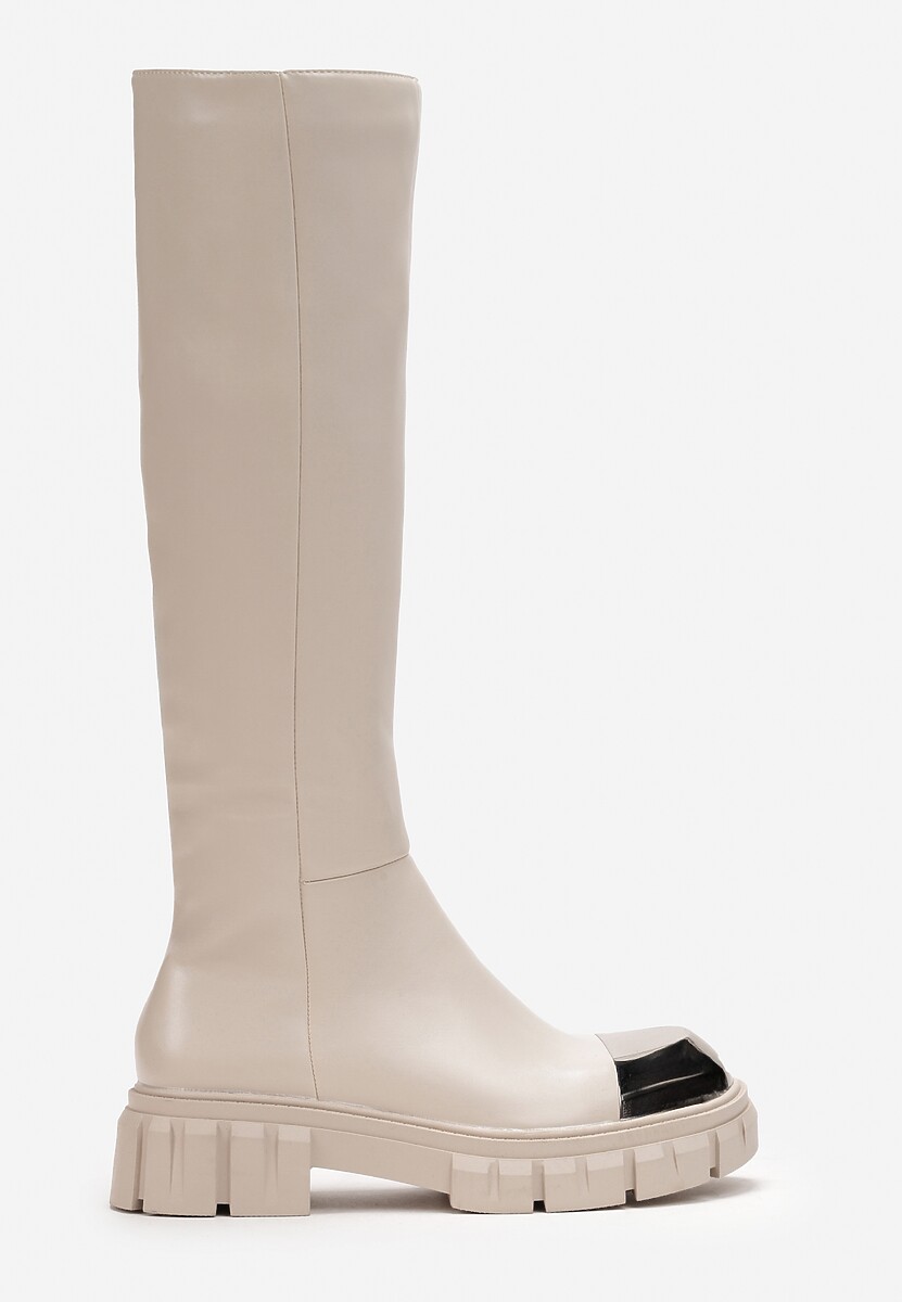 Beżowe Kozaki z Metalicznym Noskiem na Platformie Billiesa