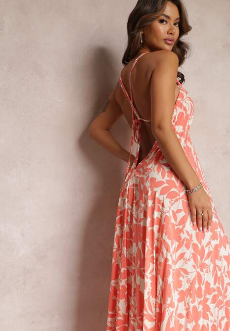 Pomarańczowa Wiskozowa Sukienka Maxi Wiązana na Szyi z Troczkiem w Pasie Zephira